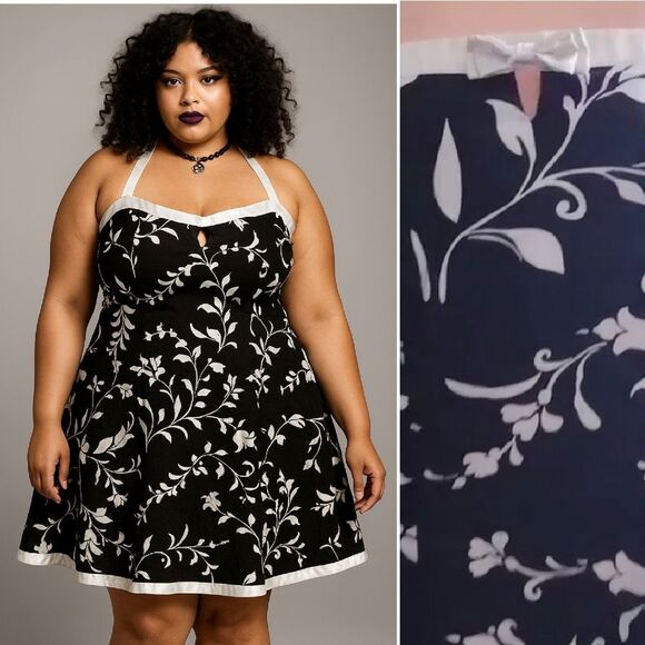 Y2K Black White Floral Whimsigoth Multi Way Rockabily Mini Dress Plussize 24W - Picture 1 of 17